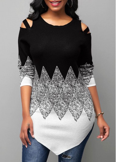 Women&apos;S Black And White Cold Shoulder Round Neck Asymmetric Hem Sweater Color Block Long Sleeve Longline Tunic Casual Jumper By Rosewe - XL