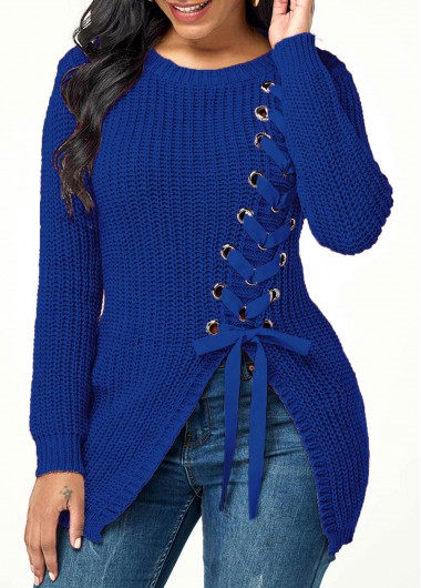 Women&apos;S Blue Rib Knit Lace Up Asymmetric Hem Sweater Solid Color Round Neck Long Sleeve Casual Jumper By Rosewe - S