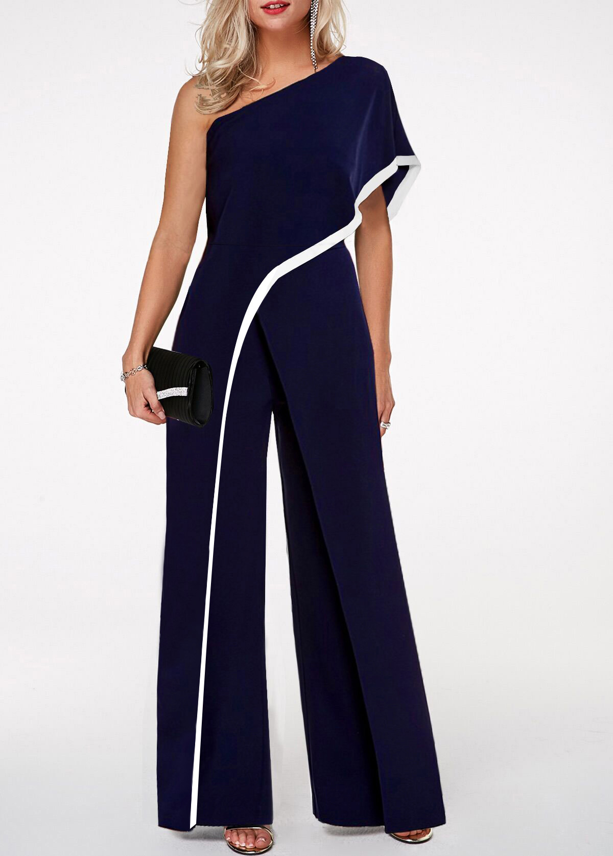 One Shoulder Navy Blue Contrast Trim Jumpsuit