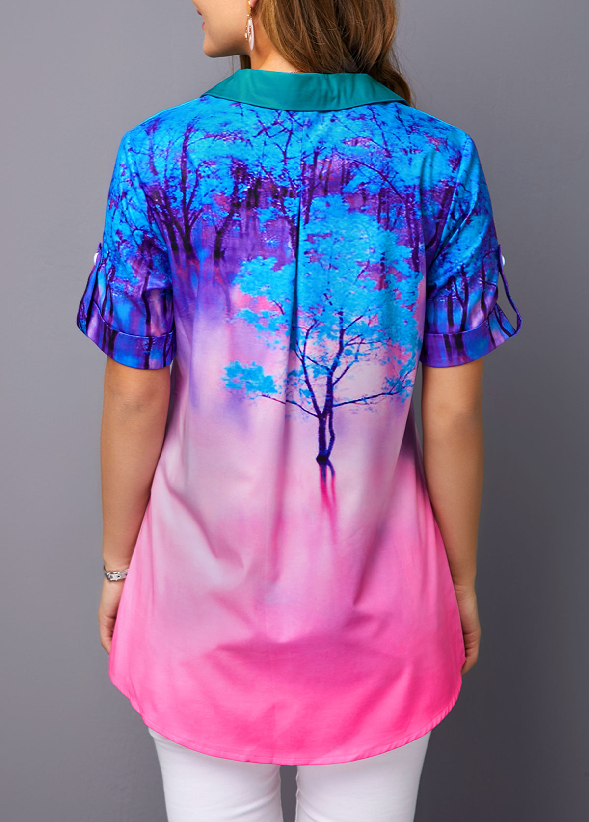 Printed Roll Tab Sleeve Button Detail Blouse