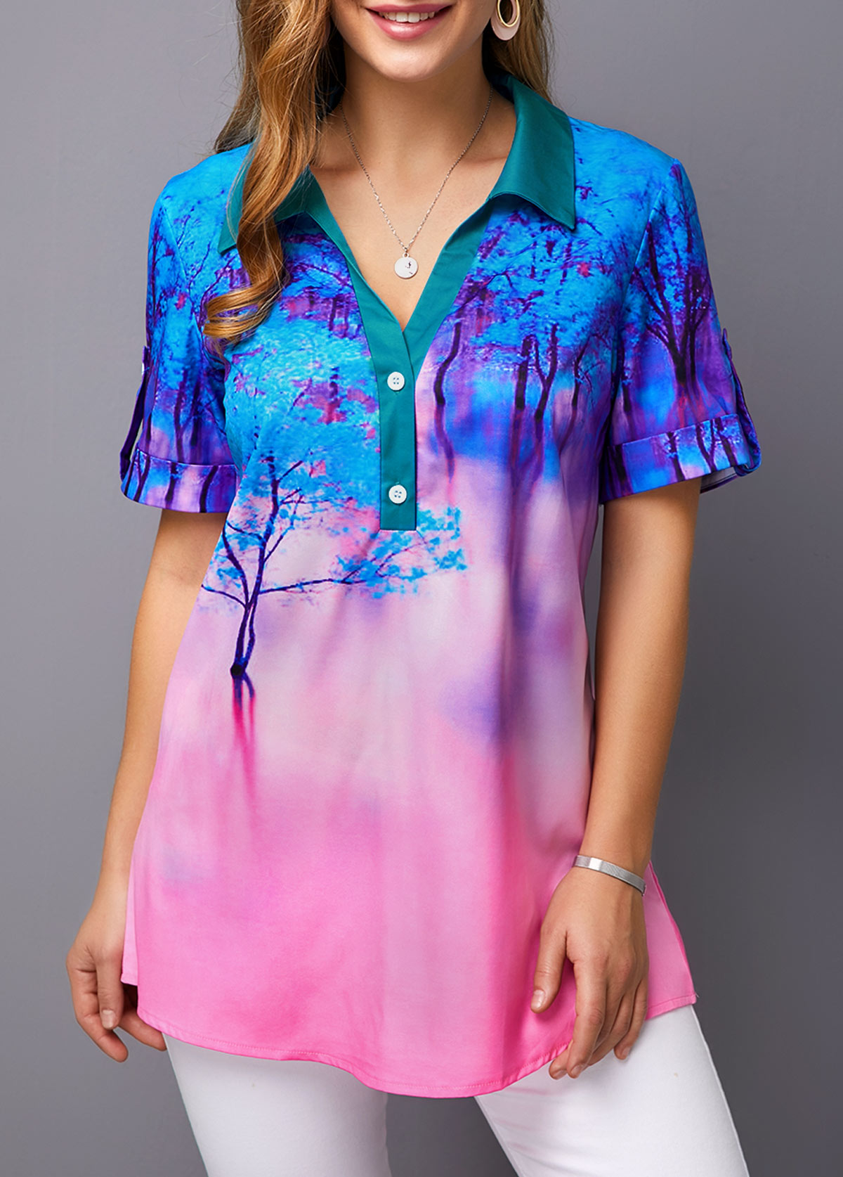 Printed Roll Tab Sleeve Button Detail Blouse