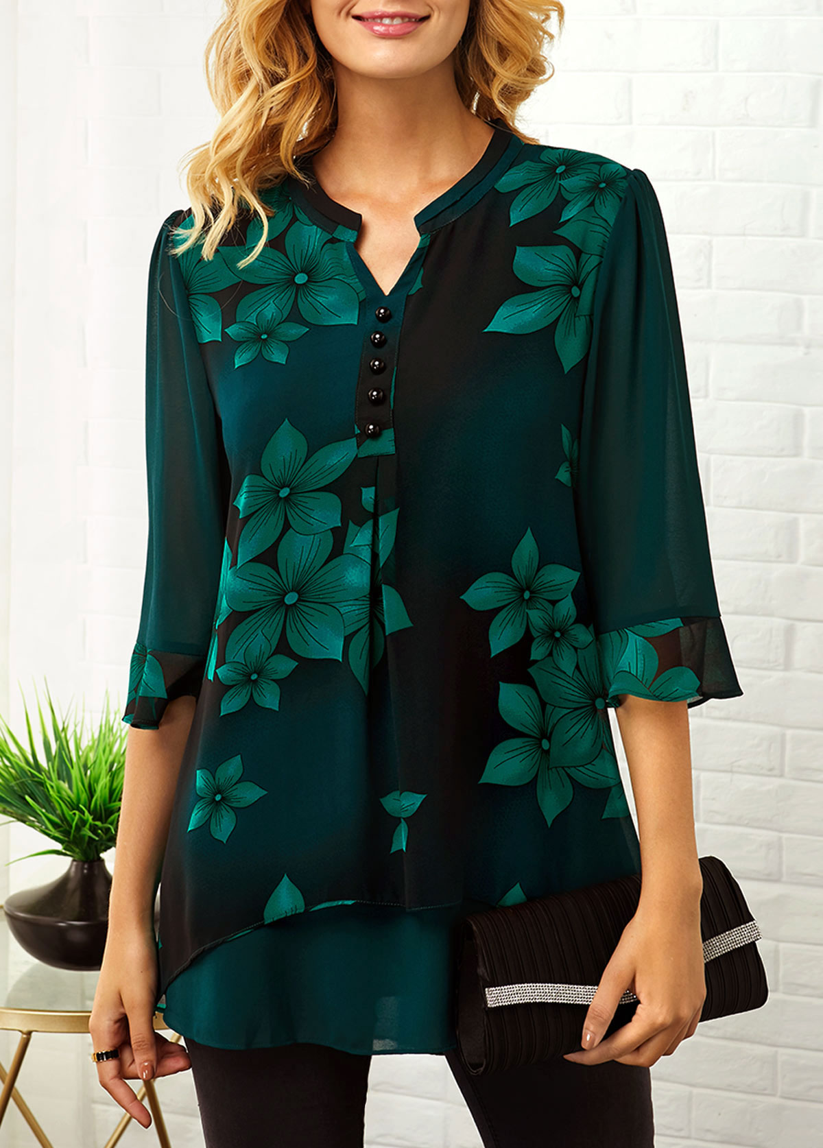 Button Detail Split Neck Large Floral Print Blouse