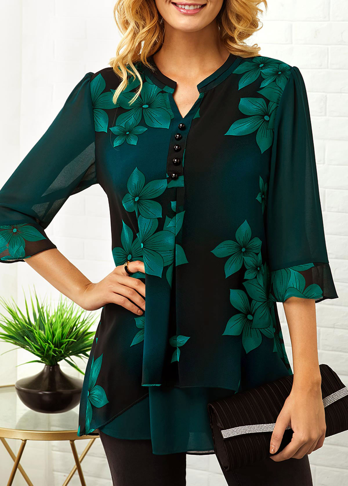 Button Detail Split Neck Large Floral Print Blouse