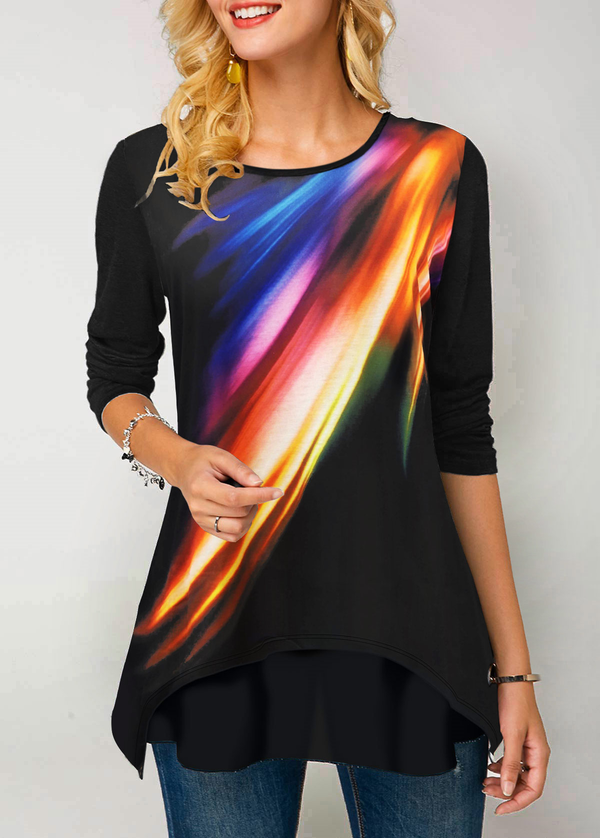 Long Sleeve Round Neck Printed Rainbow Color T Shirt