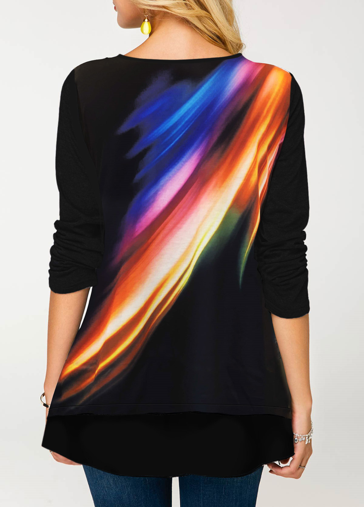 Long Sleeve Round Neck Printed Rainbow Color T Shirt