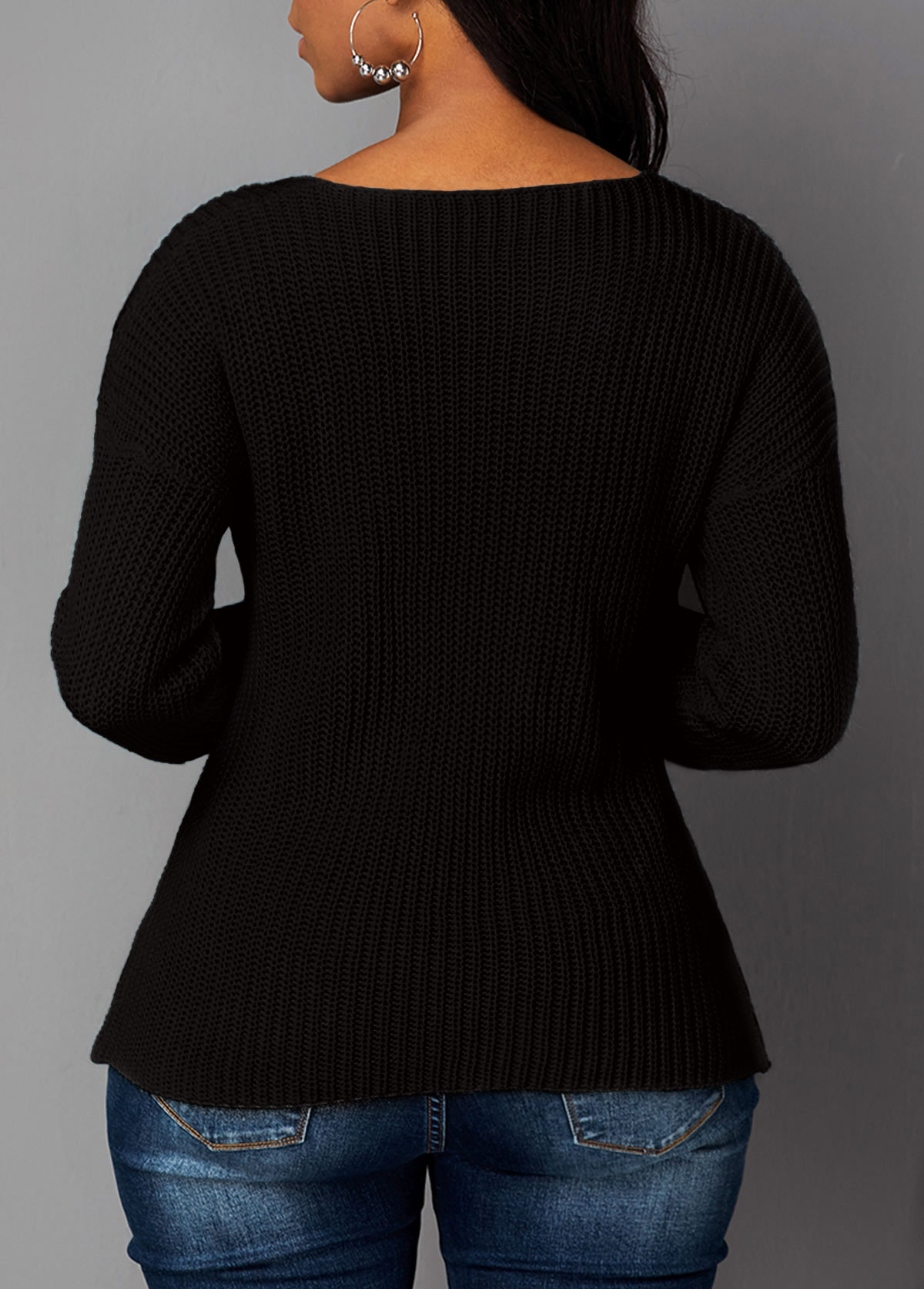 Cutout Front Asymmetric Hem Black Sweater