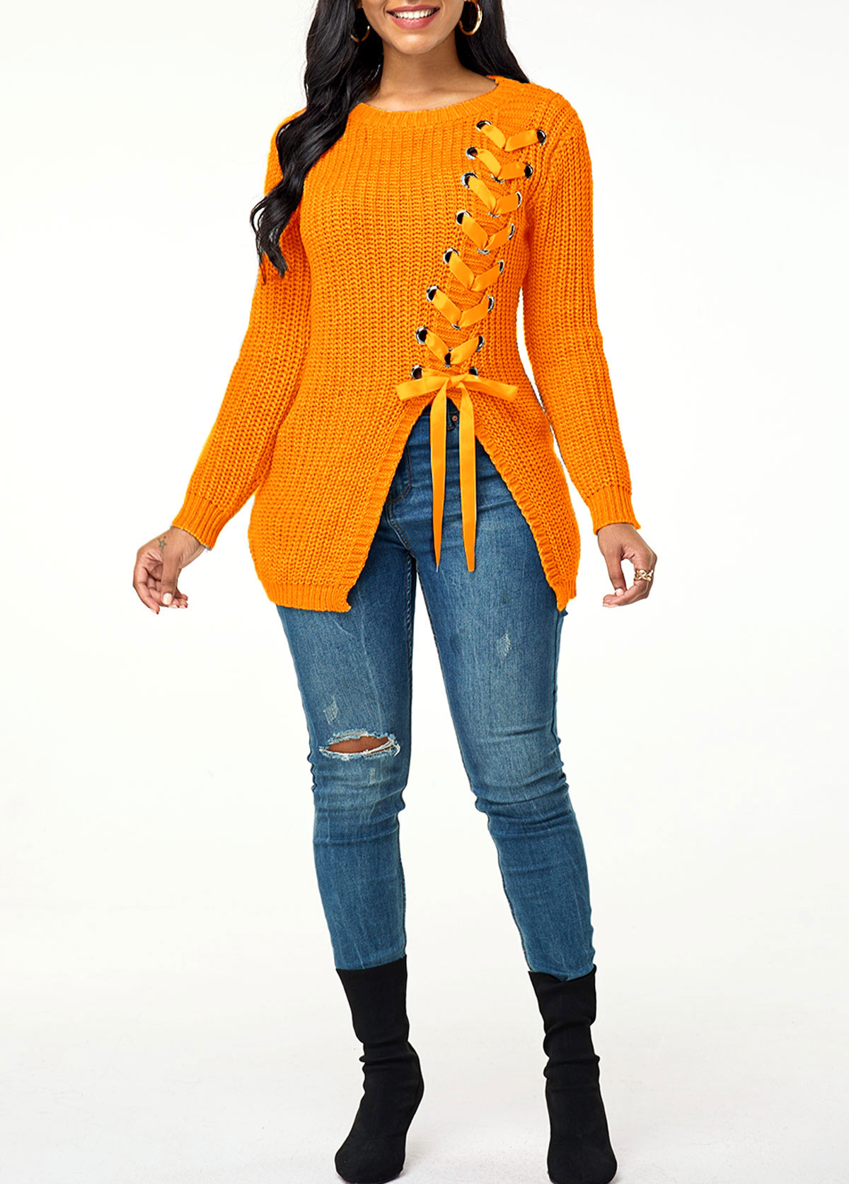 Split Front Lace Up Long Sleeve Sweater | Rosewe.com - USD $35.87