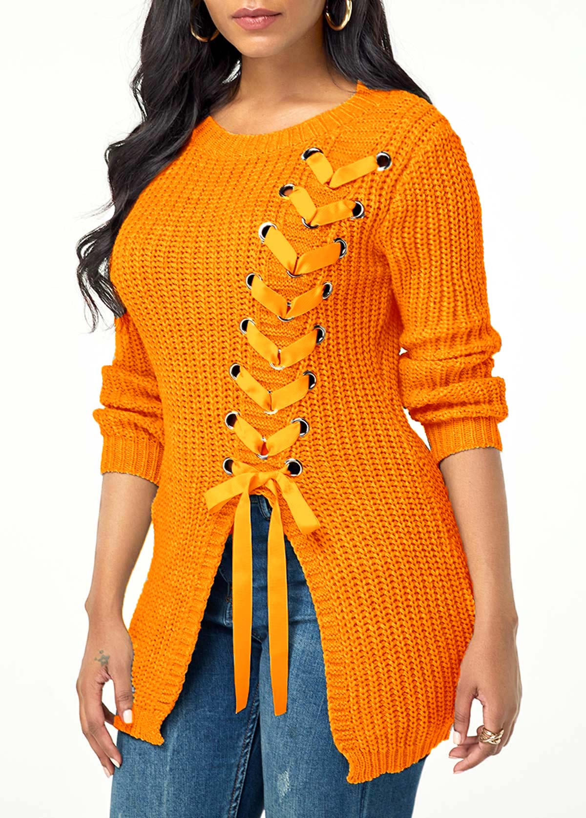 Split Front Lace Up Long Sleeve Sweater 