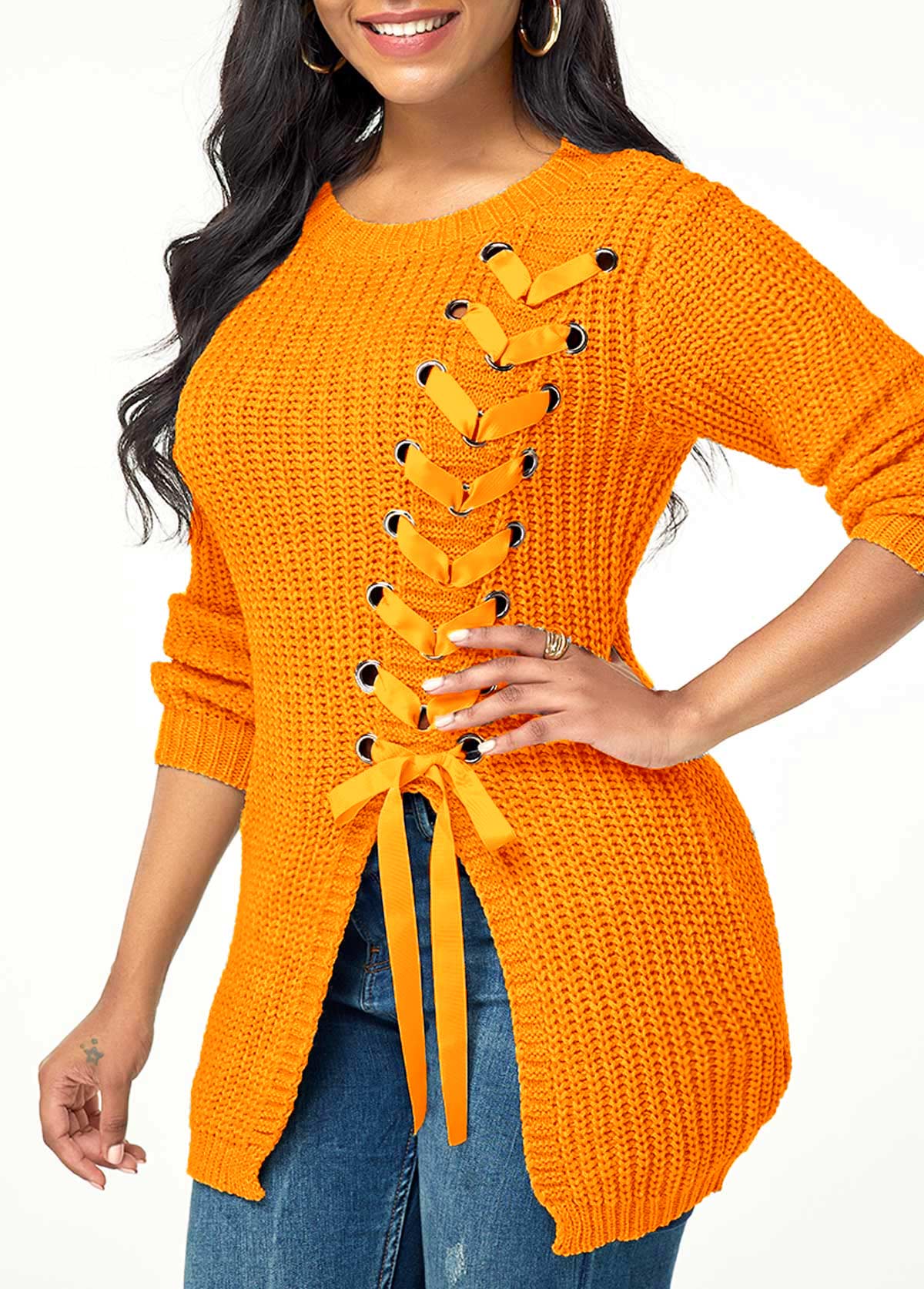 Split Front Lace Up Long Sleeve Sweater | Rosewe.com - USD $34.60