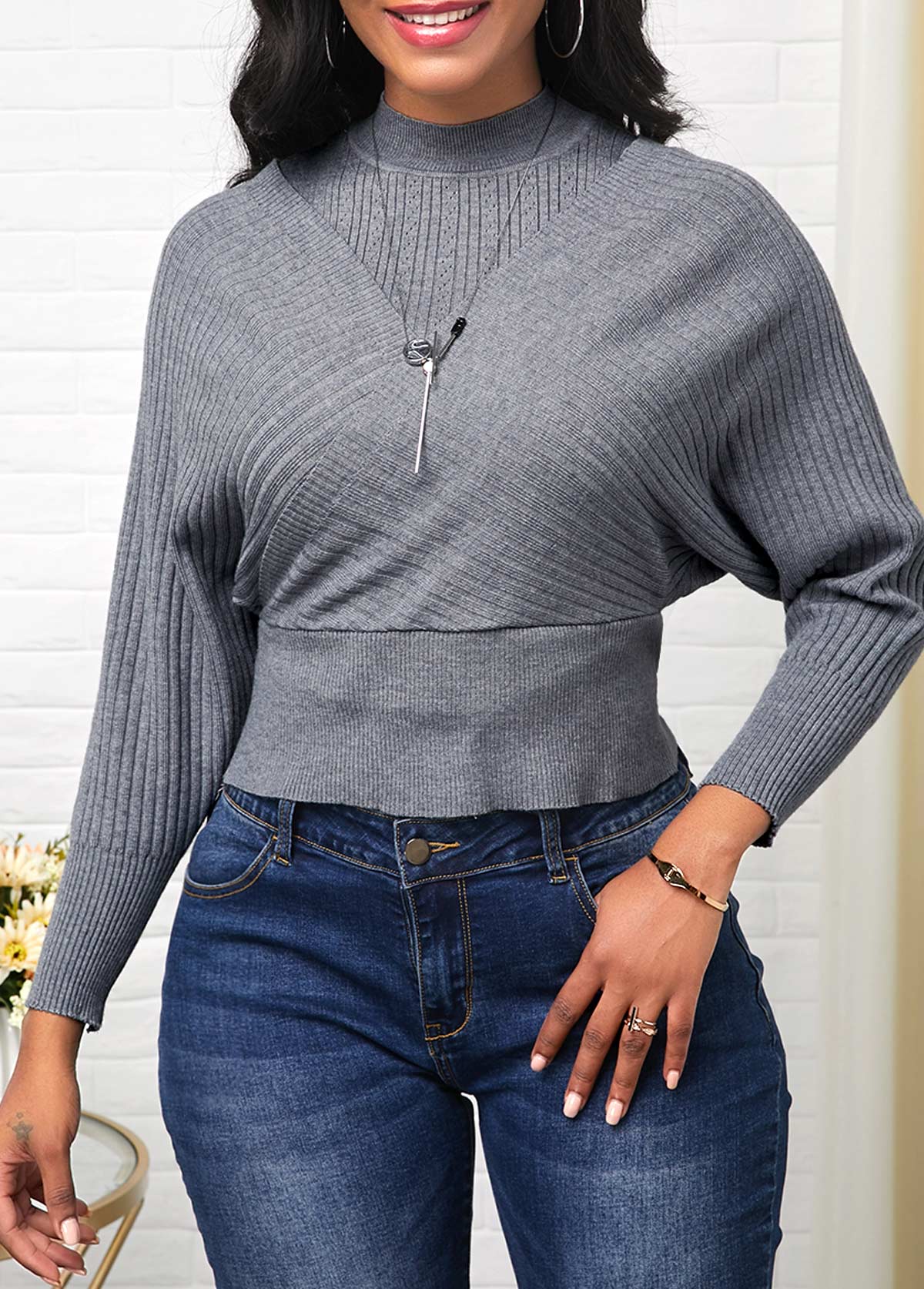 Long Sleeve Cold Shoulder Mock Neck Sweater