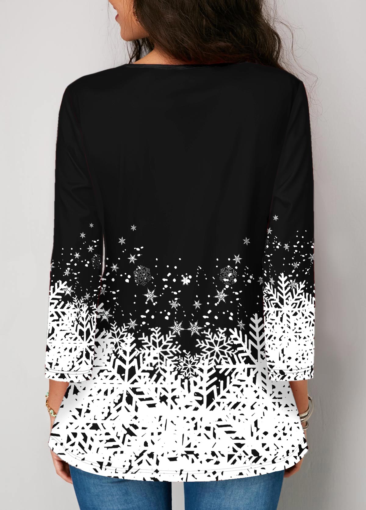 Button Detail Christmas Snowflake Print 3/4 sleeve Blouse