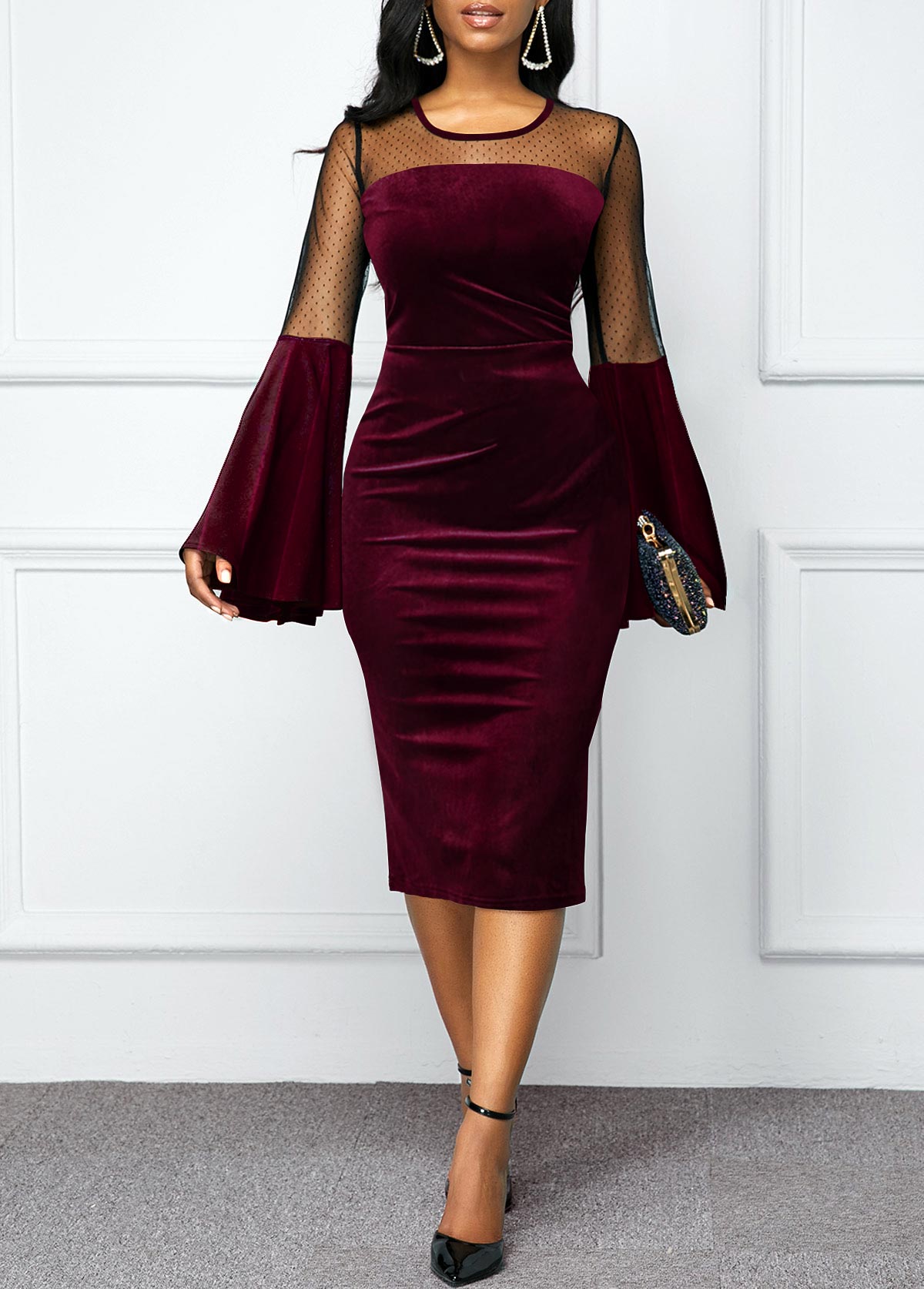 Mesh Panel Flare Sleeve Round Neck Velvet Dress