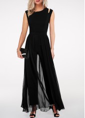 Black High Waist Round Neck Chiffon Overlay Jumpsuit