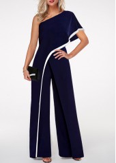 One Shoulder Navy Blue Contrast Trim Jumpsuit
