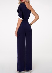 One Shoulder Navy Blue Contrast Trim Jumpsuit