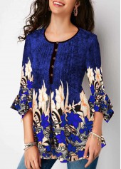 Three Quarter Sleeve Button Up Pleated Blouse