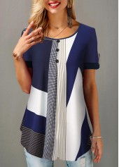 Round Neck Button Detail Geometric Print Blouse