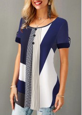 Round Neck Button Detail Geometric Print Blouse