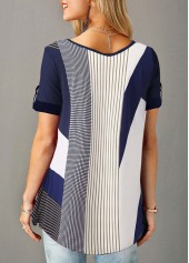 Round Neck Button Detail Geometric Print Blouse