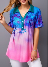 Printed Roll Tab Sleeve Button Detail Blouse