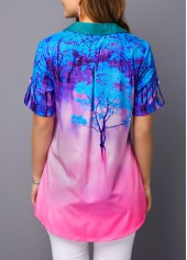 Printed Roll Tab Sleeve Button Detail Blouse