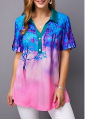 Printed Roll Tab Sleeve Button Detail Blouse