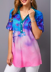 Printed Roll Tab Sleeve Button Detail Blouse