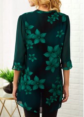 Button Detail Split Neck Large Floral Print Blouse