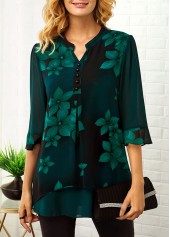 Button Detail Split Neck Large Floral Print Blouse
