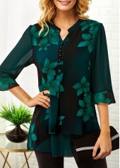 Button Detail Split Neck Large Floral Print Blouse