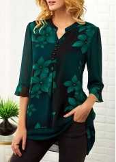 Button Detail Split Neck Large Floral Print Blouse