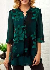 Button Detail Split Neck Large Floral Print Blouse