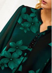 Button Detail Split Neck Large Floral Print Blouse