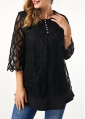 Round Neck Button Detail Lace Panel T Shirt