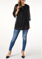 Round Neck Button Detail Lace Panel T Shirt