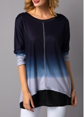 Round Neck Long Sleeve Asymmetric Hem T Shirt