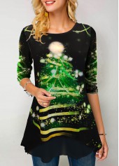 Long Sleeve Christmas Print Round Neck T Shirt