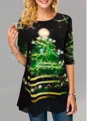 Long Sleeve Christmas Print Round Neck T Shirt
