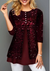 Button Detail Sequin Panel Wine Red T Shirt