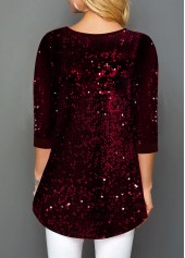 Button Detail Sequin Panel Wine Red T Shirt