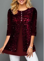 Button Detail Sequin Panel Wine Red T Shirt