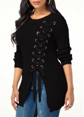 Rib Knit Lace Up Asymmetric Hem Sweater