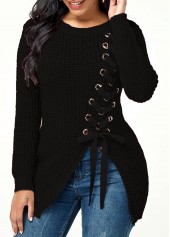 Rib Knit Lace Up Asymmetric Hem Sweater
