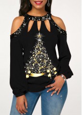 Christmas Tree Print Sequin Detail Cold Shoulder Blouse