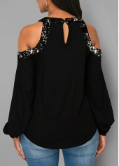 Christmas Tree Print Sequin Detail Cold Shoulder Blouse