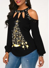 Christmas Tree Print Sequin Detail Cold Shoulder Blouse