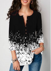 Button Detail Christmas Snowflake Print 3/4 sleeve Blouse