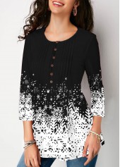 Button Detail Christmas Snowflake Print 3/4 sleeve Blouse