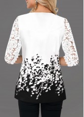 Floral Print Lace Detail Contrast Panel T Shirt