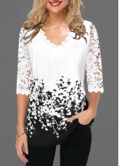 Floral Print Lace Detail Contrast Panel T Shirt